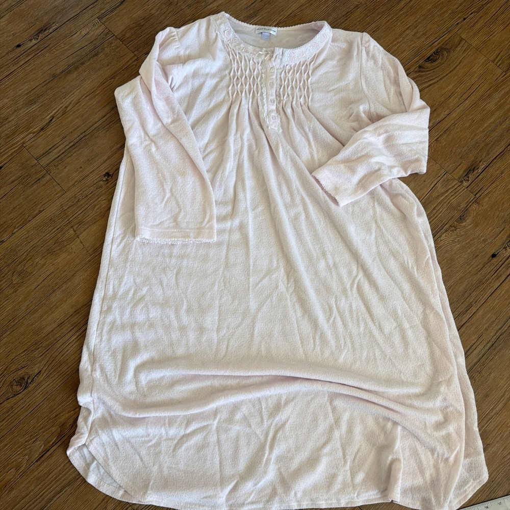 Vintage Miss Elaine Nightgown Pink Pulllver Cotton Long Lace Floral Size XL